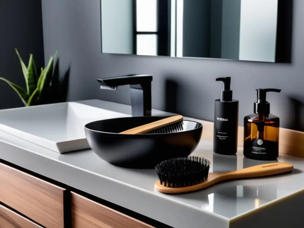 Accesorios grooming masculino esenciales: baño moderno con productos organizados