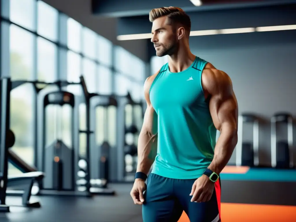 Beneficios del activewear en moda masculina: Gimnasio moderno con activewear elegante y funcional