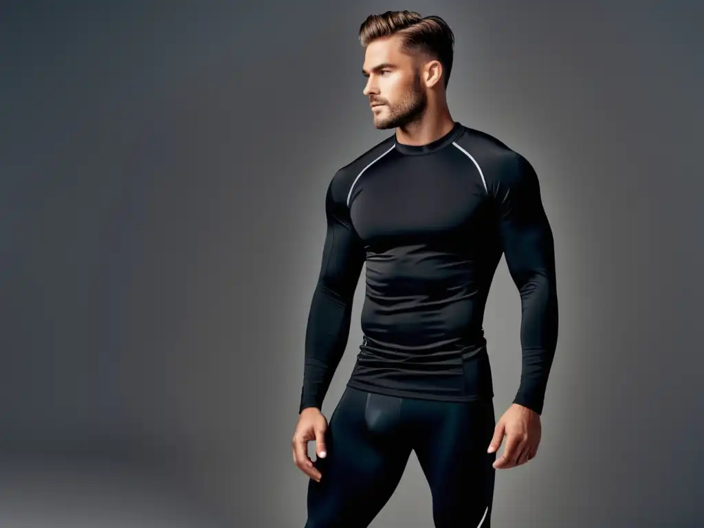 Moda masculina Activewear contemporánea - Modelo en pose dinámica con ropa activewear negra y estilo sofisticado en un entorno urbano futurista