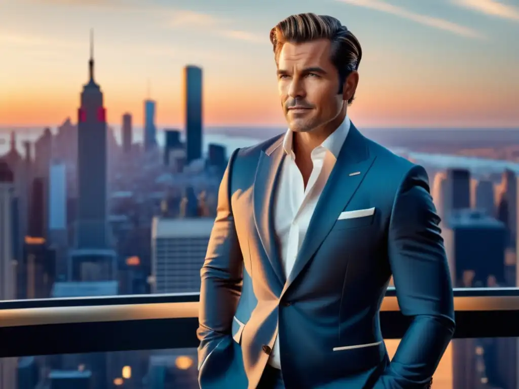 Tendencias de moda masculina en cine contemporáneo: Actor elegante en set moderno con vista panorámica de la ciudad al atardecer