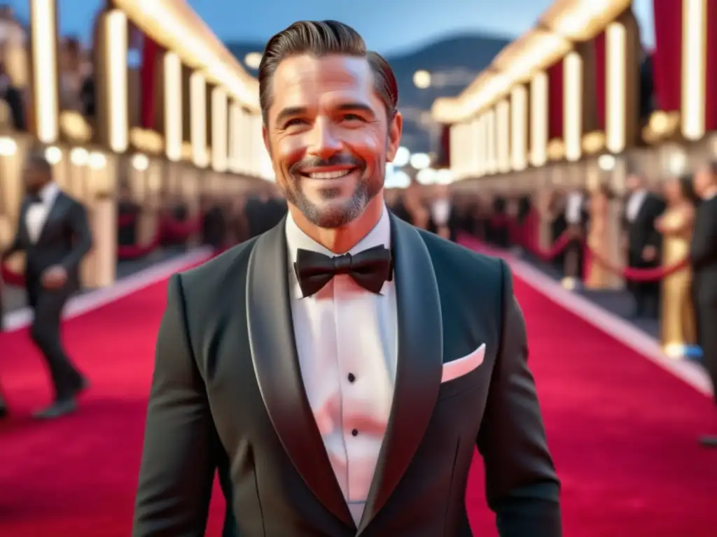 Tendencias moda masculina premios academia: Actor elegante en alfombra roja con estilo, sonrisa deslumbrante y multitud emocionada