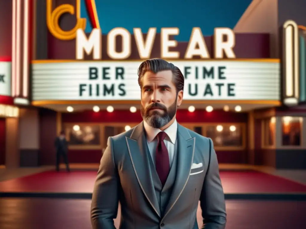 Estilo masculino cine aprendizaje: actor elegante frente a marquesina de cine, películas icónicas y su influencia