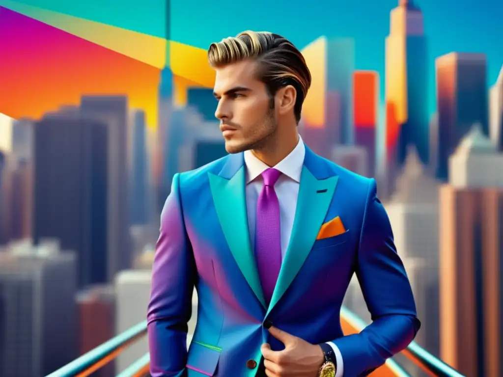 Tendencias de moda masculina creativas con traje de colores vibrantes, fusionando elementos modernos y artísticos