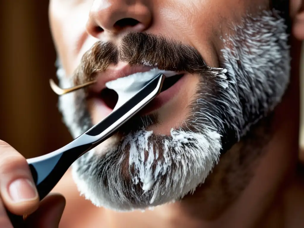 La técnica de afeitado tradicional: mano masculina con navaja clásica, barba cuidada, corte de espuma revela piel impecable