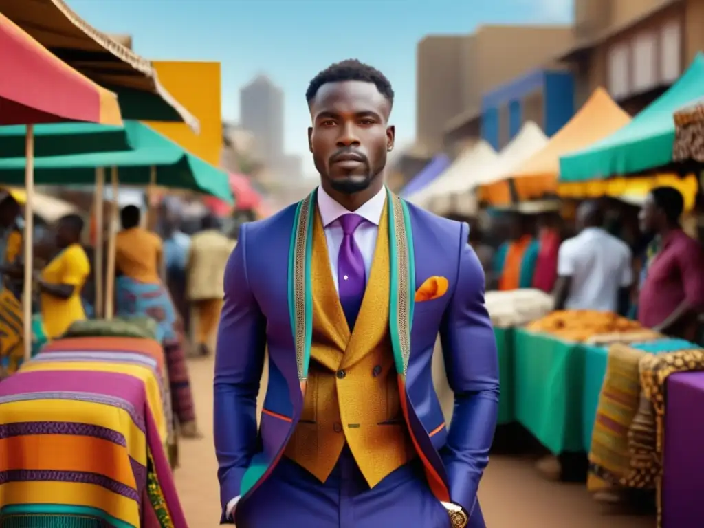 Moda masculina africana etnográfica: hombre africano elegante en una calle urbana africana llena de vida y color