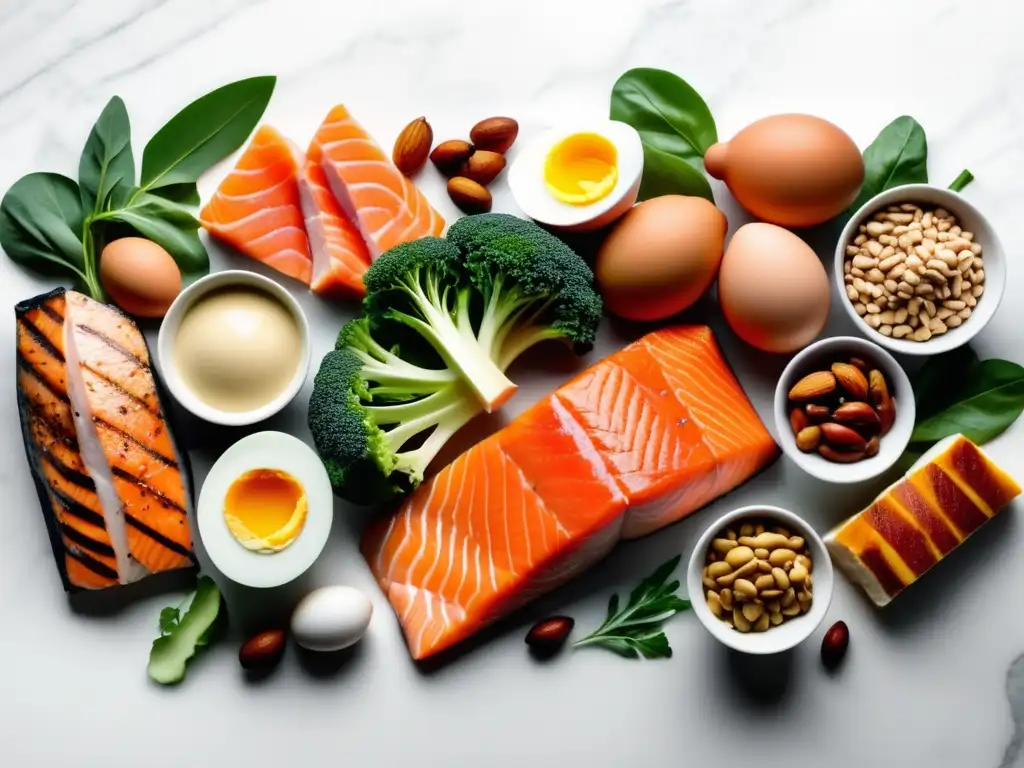 Alimentos ricos en proteínas para cabello: salmon, pollo, huevos, frijoles, nueces y vegetales verdes en un fondo de mármol blanco