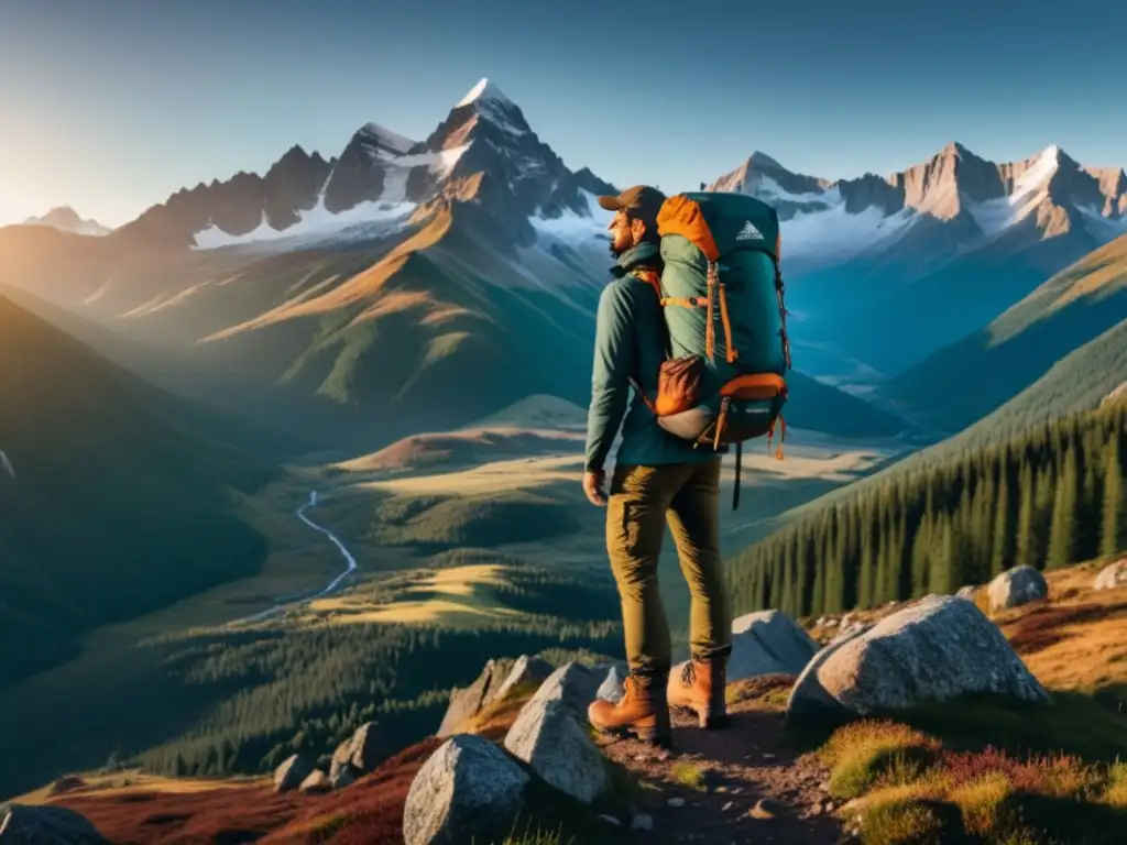 Paisaje montañoso al amanecer con hombre aventurero Ropa masculina para escapada montaña: hombre confiado en paisaje montañoso al amanecer