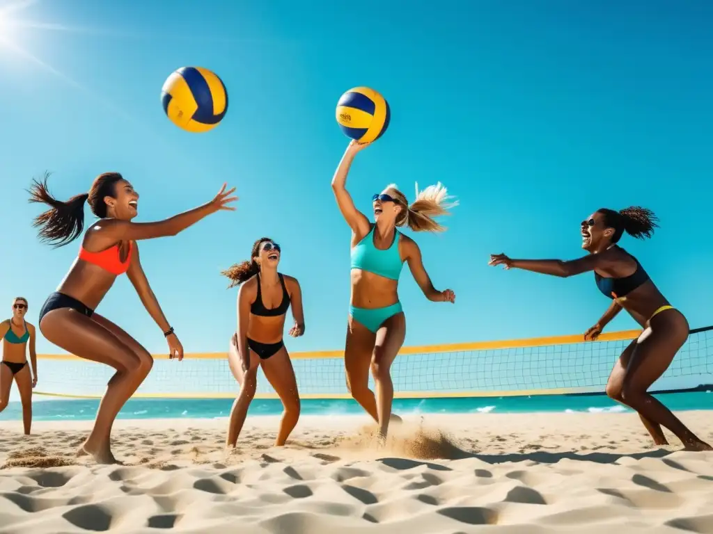 Amigos disfrutando de vóley playa, con colores vibrantes y ambiente deportivo