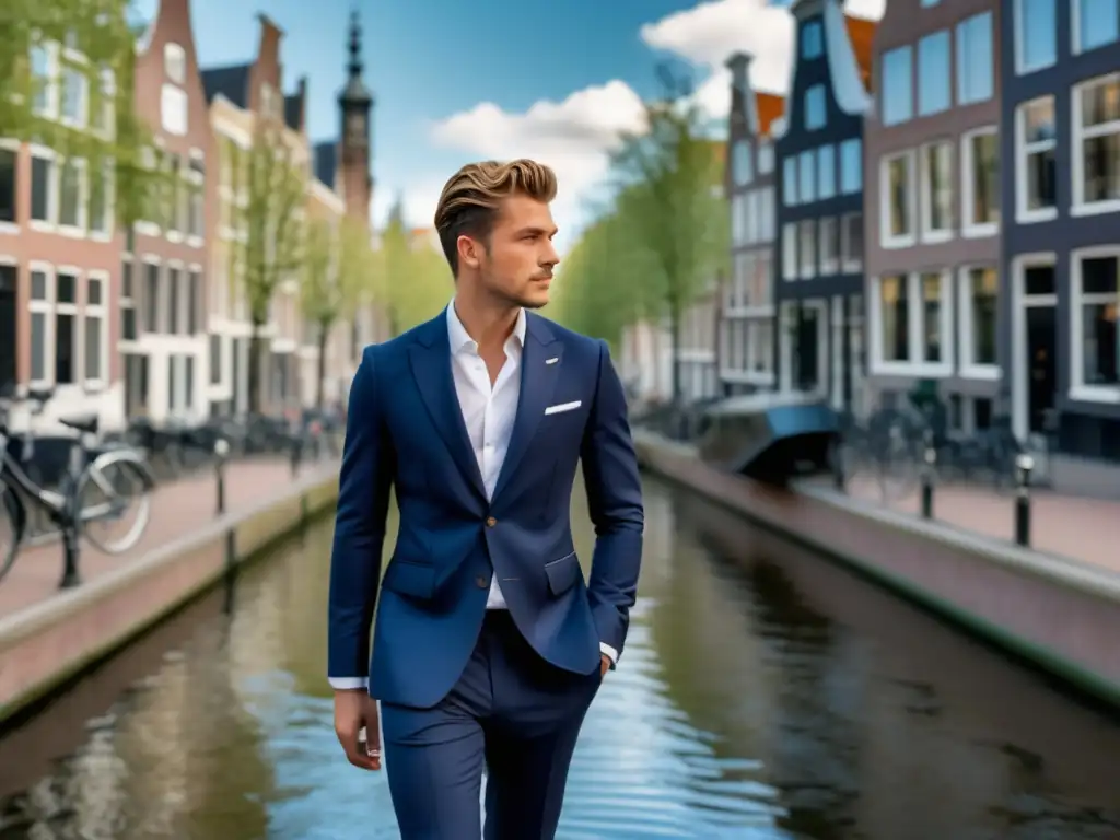 Hombre moderno en Amsterdam, destacando la moda masculina y las tendencias de los Países Bajos