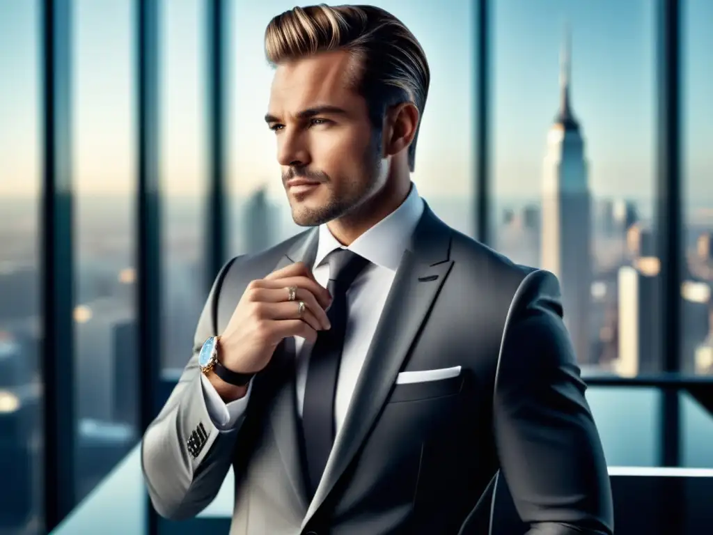 Beneficios de anillos masculinos en hombre elegante con traje, anillo plateado en dedo índice, oficina moderna con vista a la ciudad