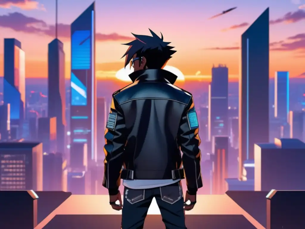 Tendencias moda masculina Anime en ciudad futurista al atardecer