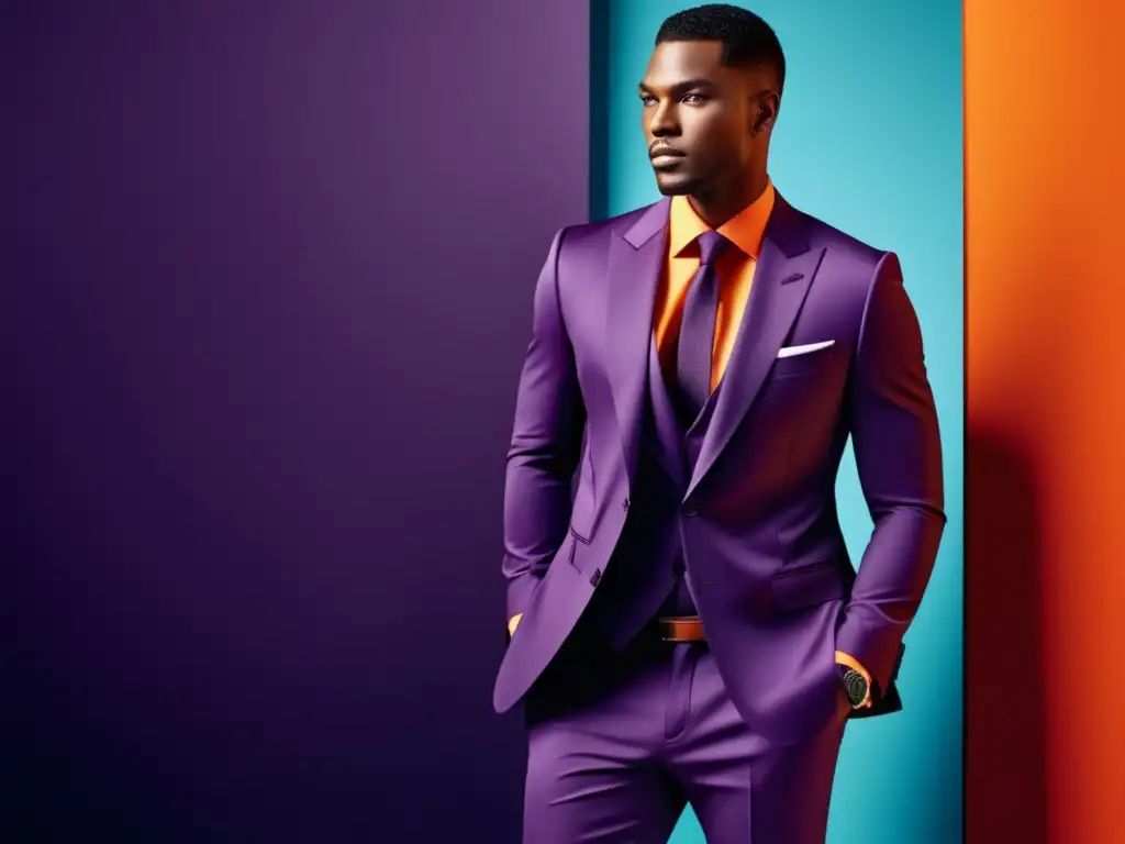 Evolución publicidad moda masculina: modelo elegante en un entorno urbano, confiado y sofisticado, con un traje a medida en un color audaz