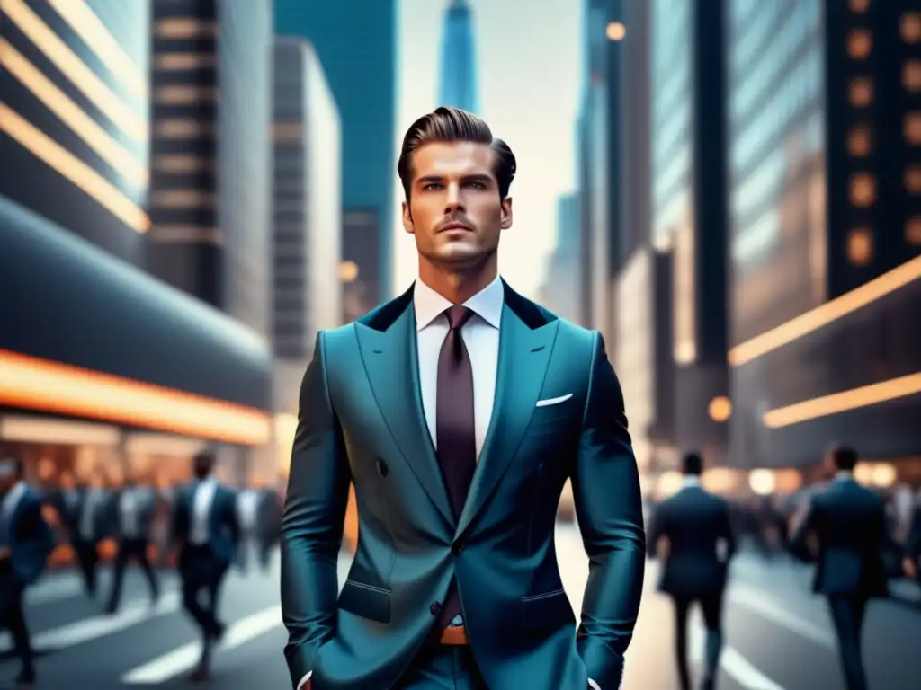 Publicidad y percepción de moda masculina: Hombre elegante en traje moderno, ciudad animada de fondo