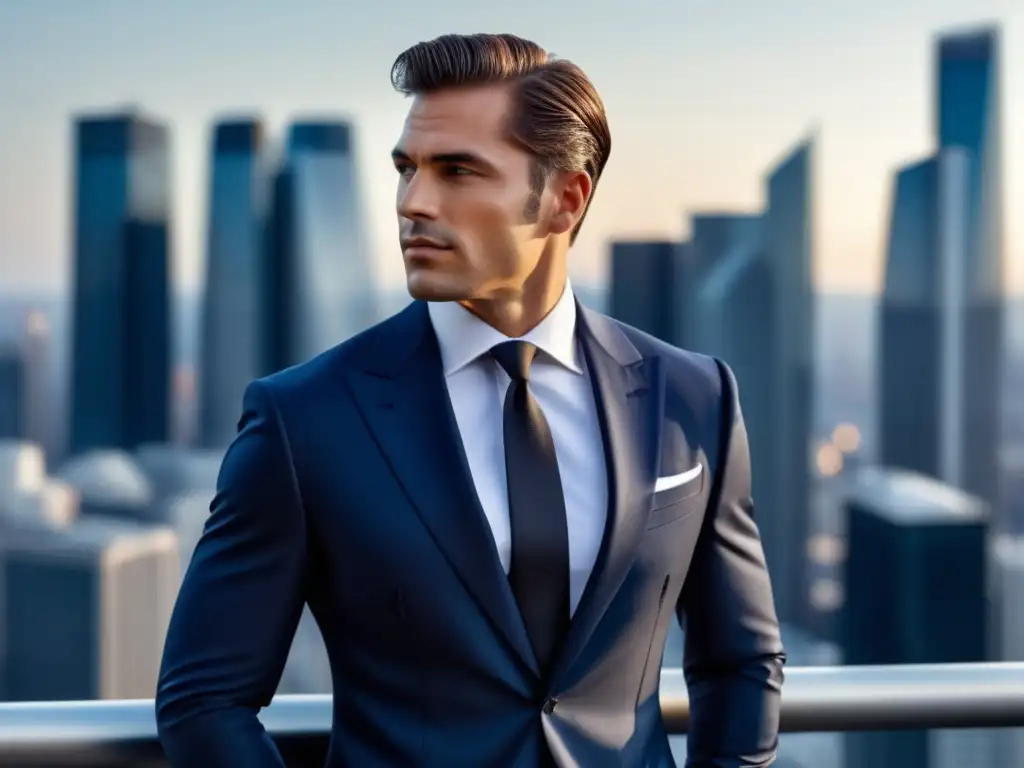 Tendencias moda masculina elegante - Hombre elegante en traje Armani azul marino, complementado con accesorios refinados