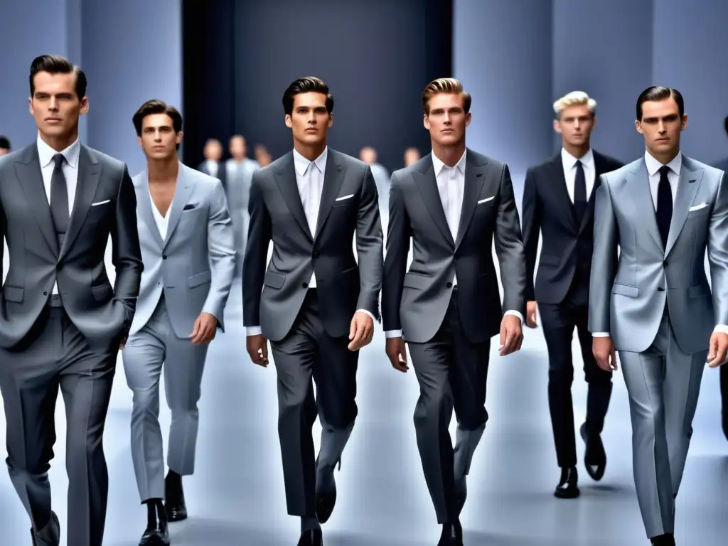 Tendencias moda masculina elegante: Desfile impactante de modelos masculinos elegantes en trajes Giorgio Armani, en una pasarela moderna y minimalista