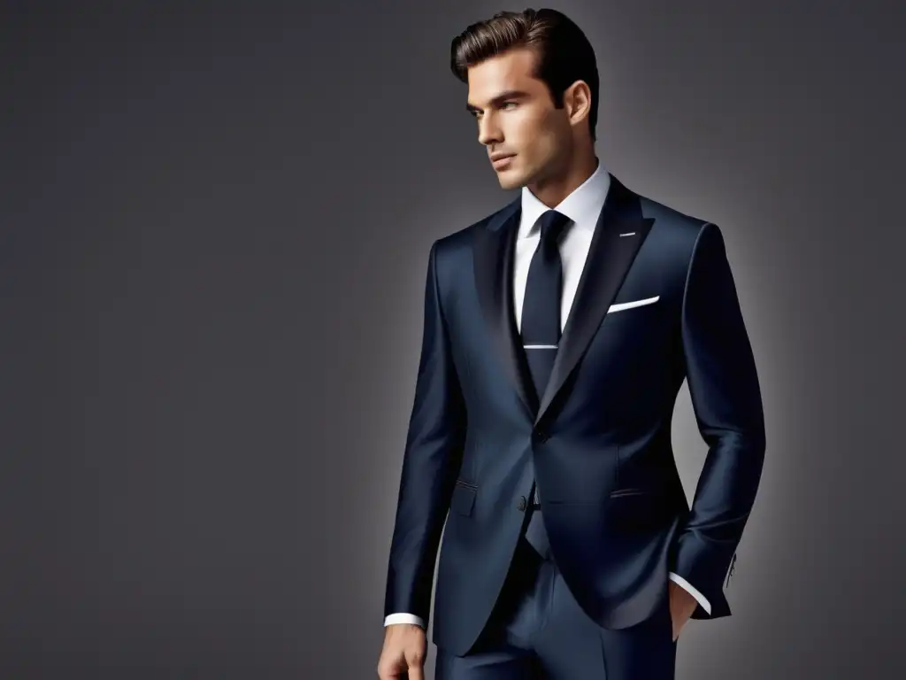 Tendencias moda masculina elegante: Armani suit - modelo confiado, elegancia y sofisticación