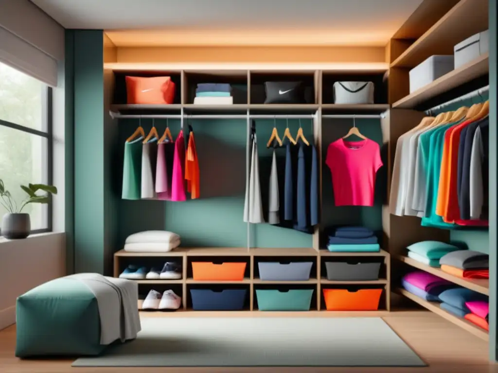 Guía de compras activewear masculino: Closet moderno con prendas organizadas en estantes abiertos, colores vibrantes y estilo sofisticado