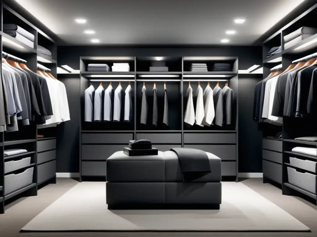 Armario masculino corporativo perfecto: imagen de un moderno y organizado walk-in closet con estantes y perchas llenas de camisas, trajes y accesorios