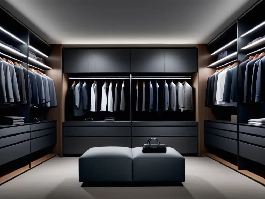 Un guardarropa elegante y moderno con trajes Hugo Boss organizados por color y estilo