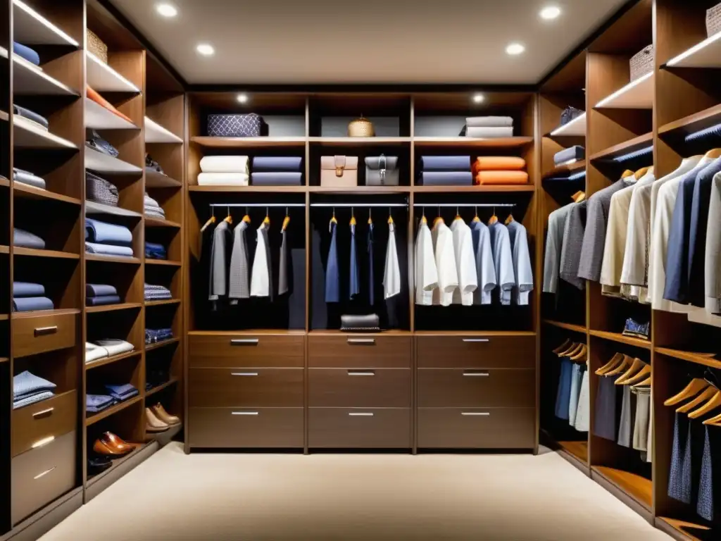 Accesorios de moda masculina actual en elegante y espacioso closet bien organizado