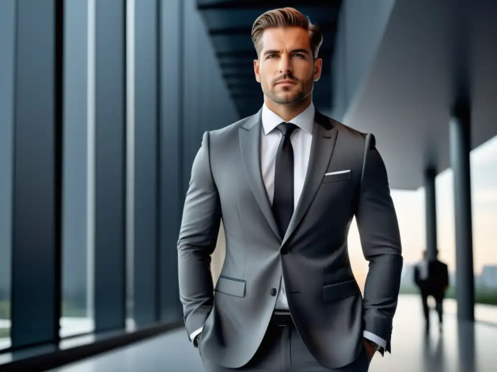 Consejos moda masculina arquitectos exitosos: arquitecto confiado, traje gris elegante, edificio vanguardista