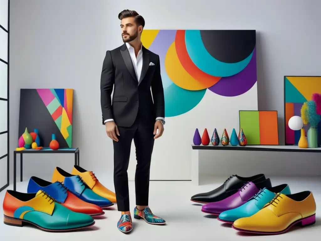 Artista masculino en estudio de arte con traje negro y zapatos artísticos, expresando creatividad y pasión