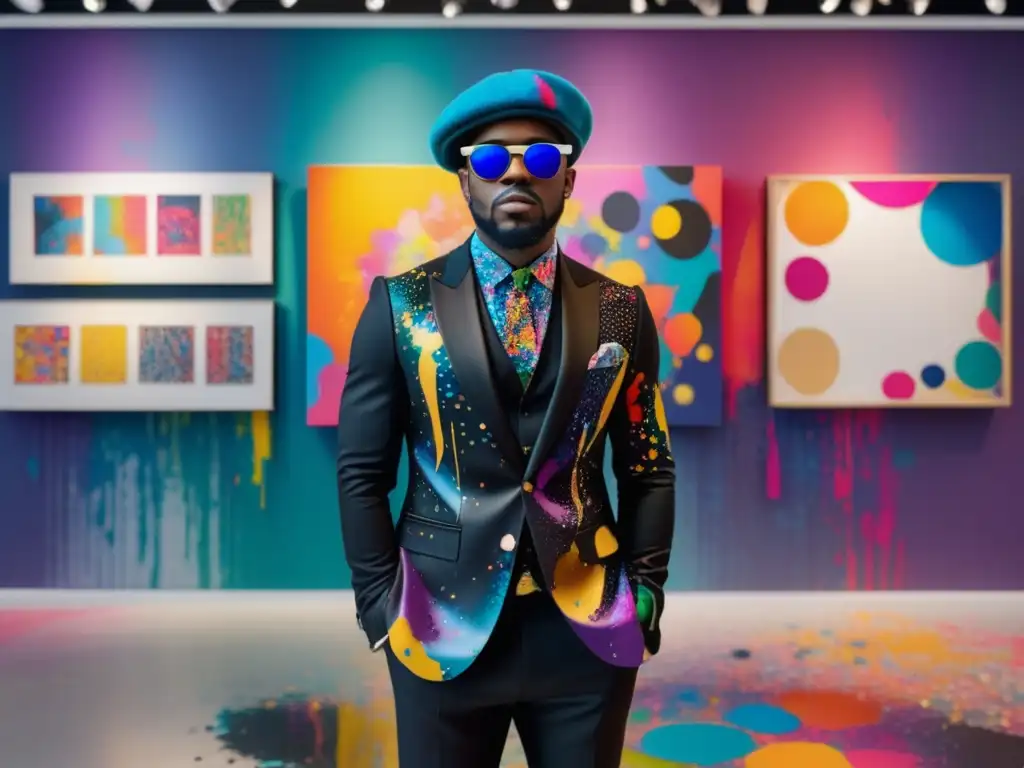 Guía de moda masculina para artistas - Artista en galería de arte con traje negro y accesorios creativos, rodeado de obras de arte contemporáneo