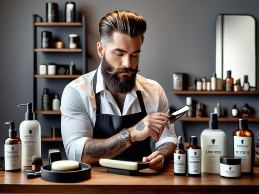 Tendencias estilo masculino artistas: Artista masculino elegante en estudio bien iluminado, rodeado de productos y herramientas de cuidado personal