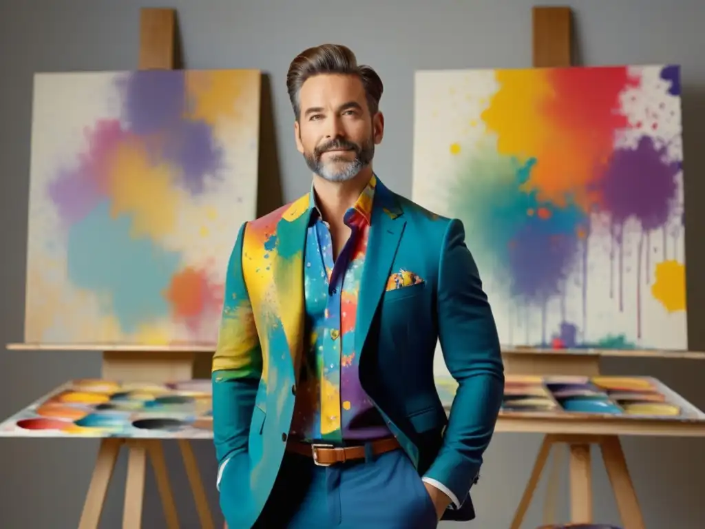 Guía de moda masculina para artistas - Artista elegante en estudio iluminado con traje a medida y camisa abstracta, pintando con brocha y paleta