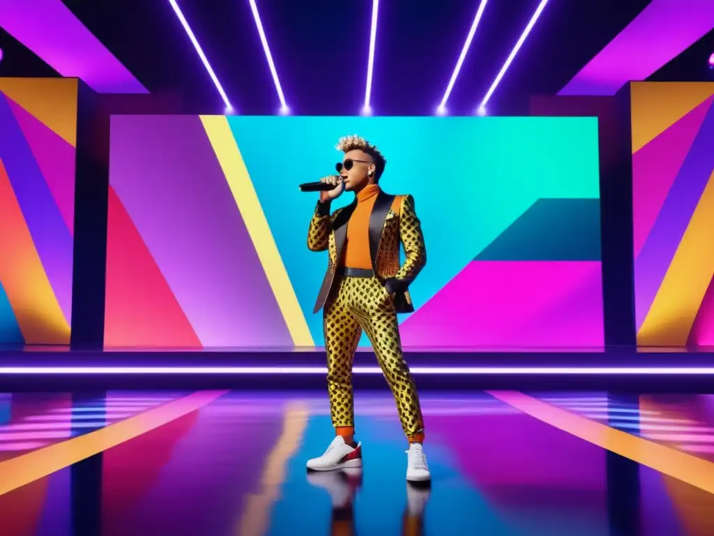 Estilo masculino pop en escenario vibrante, con 8k de detalle y consejos de estilo musical