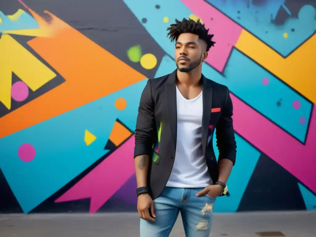 Tendencias estilo masculino artistas - Artista urbano con atuendo único frente a grafitis coloridos