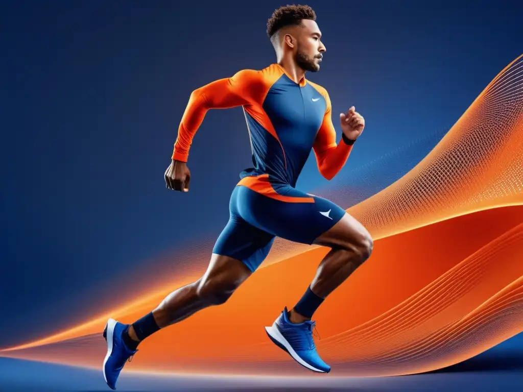 Ropa técnica para deporte masculino: atleta en movimiento con ropa moderna y vibrante, ciudad futurista al fondo