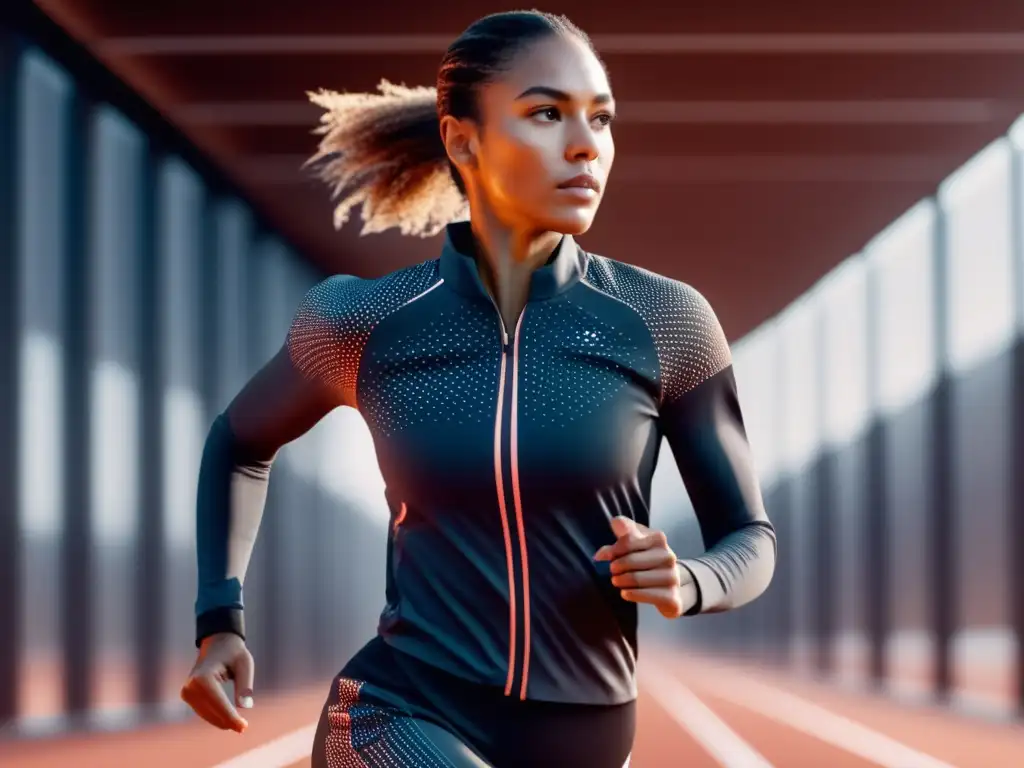 Beneficios tejidos inteligentes moda deportiva, atleta femenina con outfit futurista, tecnología avanzada y paisaje urbano