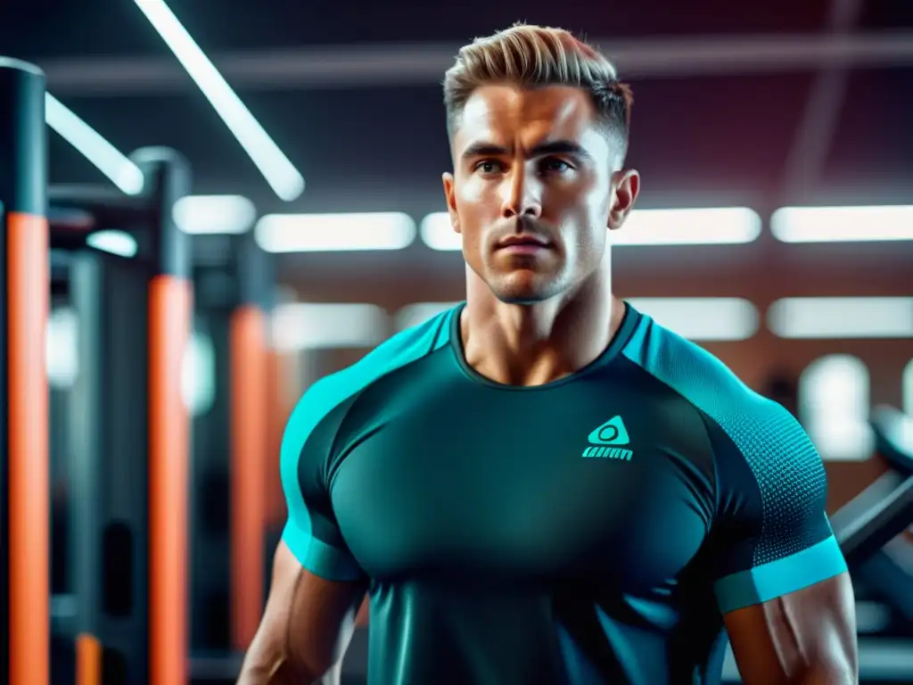 Ropa técnica para hombre en actividad física en gimnasio futurista