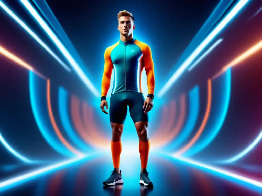 Atleta masculino en ropa deportiva futurista con tejidos técnicos de alta tecnología y diseño moderno