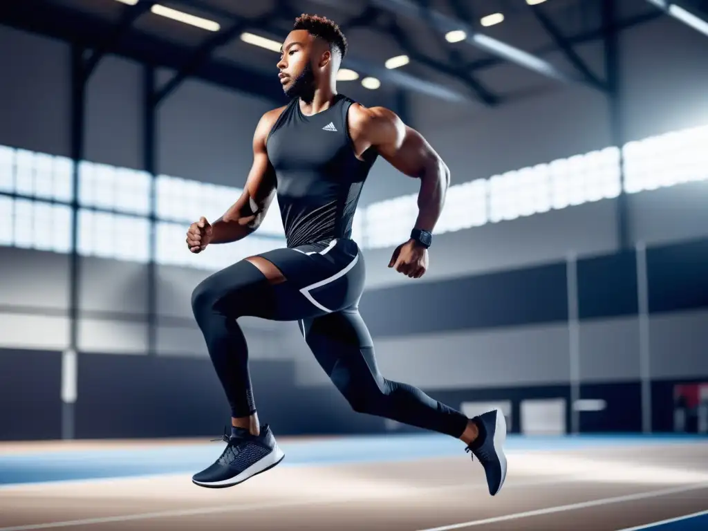 Materiales deportivos de alta calidad, atleta profesional en acción, ropa moderna y tecnológica, instalación deportiva avanzada