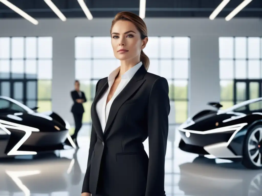 Mujer ingeniera automoción con traje negro elegante y camisa blanca, en estudio futurista rodeada de tecnología punta y prototipos