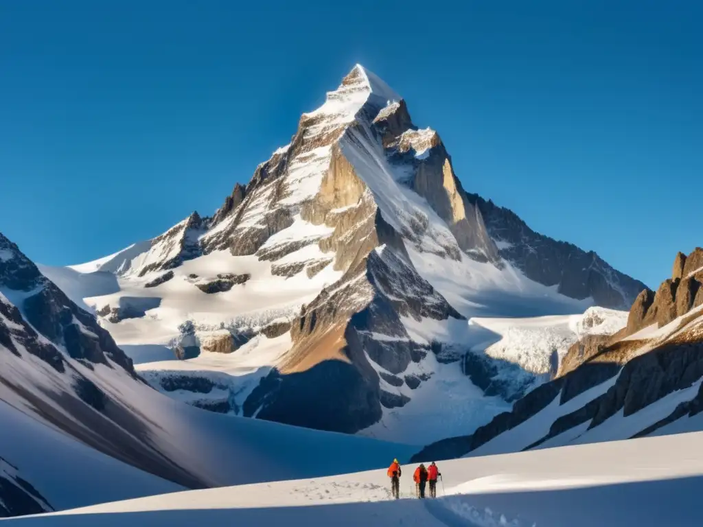 Equipamiento esencial hombre aventurero montaña: imagen 8k de una imponente cima nevada con hombres equipados y determinados
