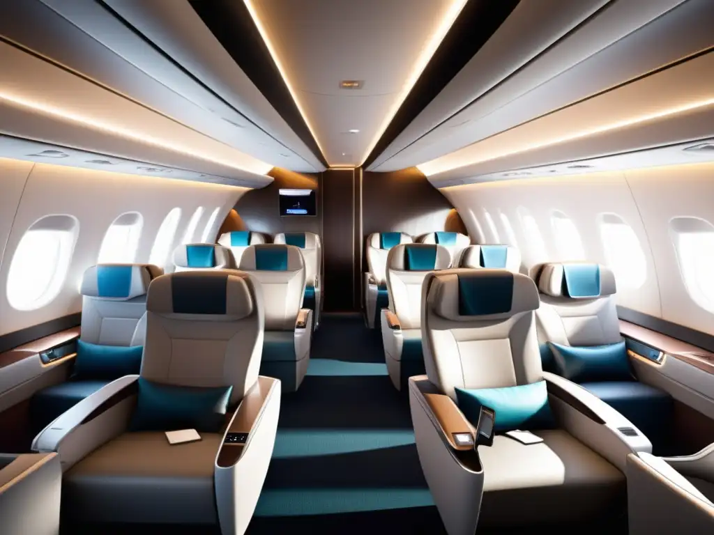 Interior lujoso avión: asientos de cuero, iluminación ambiental, entretenimiento personal, diseño ergonómico, elegancia y comodidad