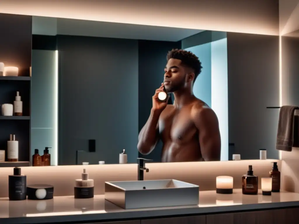 Mejores productos cuidado piel hombre: Baño moderno con espejo LED, joven aplicando crema facial y productos de cuidado en estante flotante