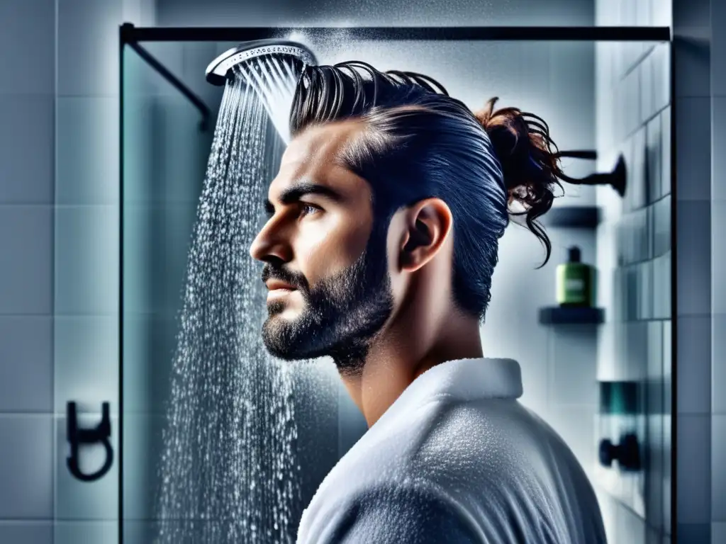 Beneficios champús sin sulfatos para hombres, lujoso baño moderno con ducha rodeada de cristal y un hombre usando champú sin sulfatos