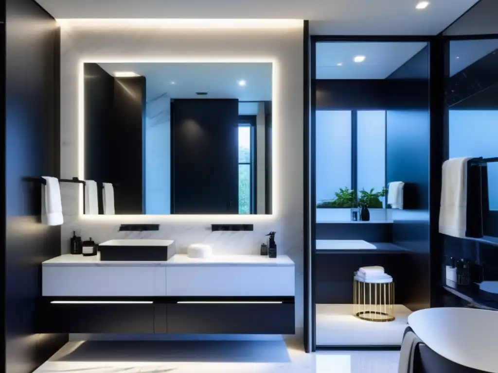 Un elegante baño moderno en blanco y negro con luz natural, un espejo minimalista con luces LED y productos de cuidado de alta gama