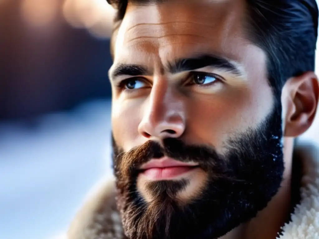 Cuidado piel masculina invierno: Hombre con barba bien cuidada y piel saludable usando productos para invierno