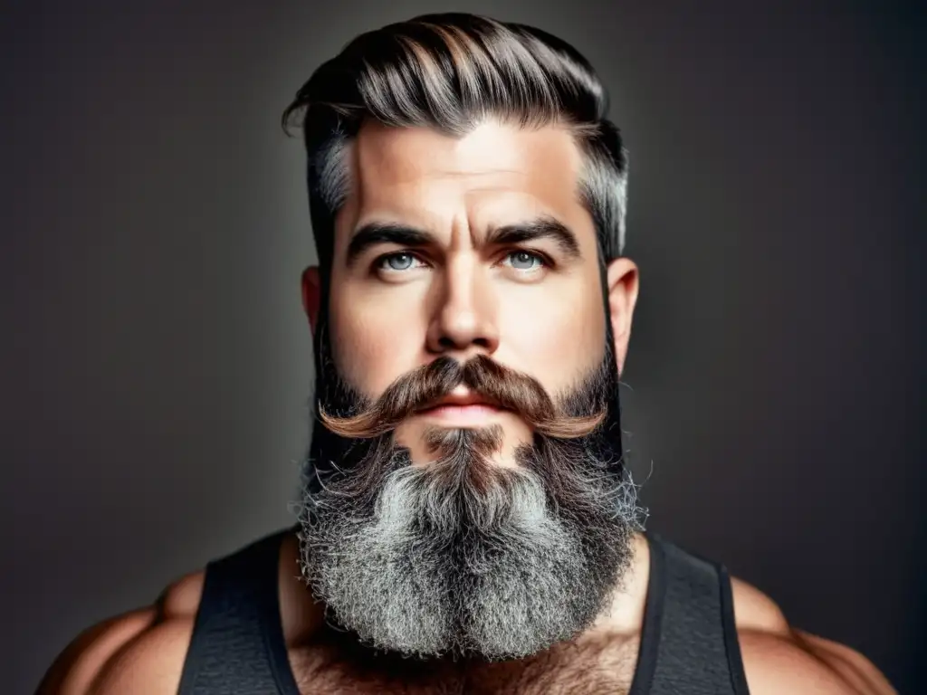 Tendencias de estilos de barba históricos: Hombre con barba densa y bien cuidada, destacando cada detalle y textura en un entorno urbano moderno