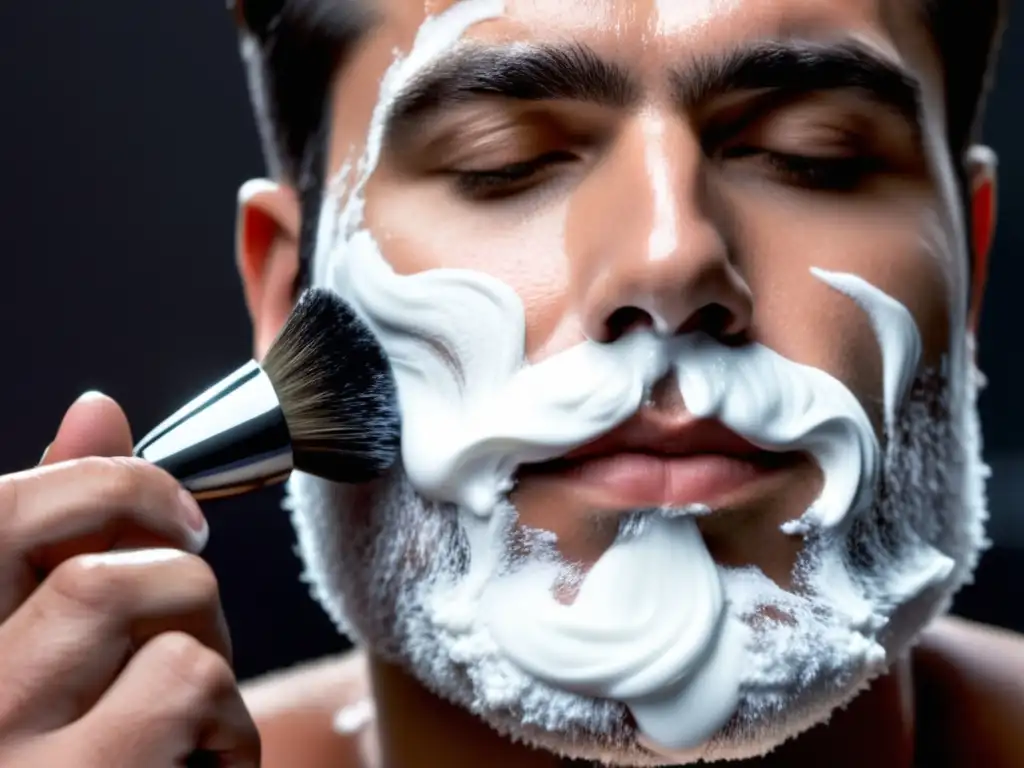 Hombre con barba aplicando espuma de afeitado tradicional en un baño moderno