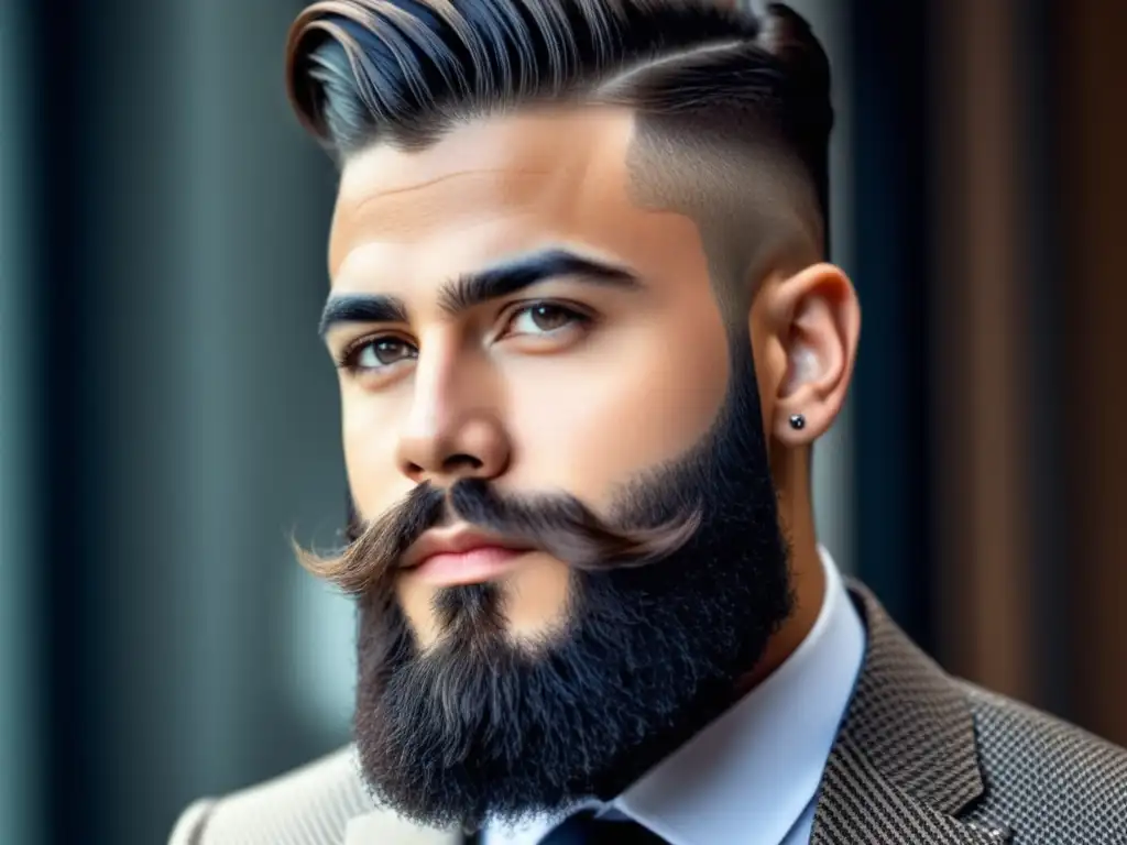 Hombre con barba y peinado moderno, reflejo de la barbería y avances en estilos contemporáneos