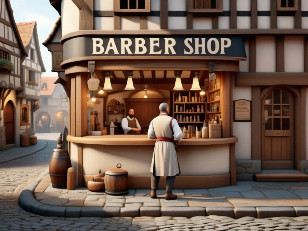 Barbería medieval: Escena bulliciosa con barbero vestido tradicionalmente, herramientas de corte y clientes esperando