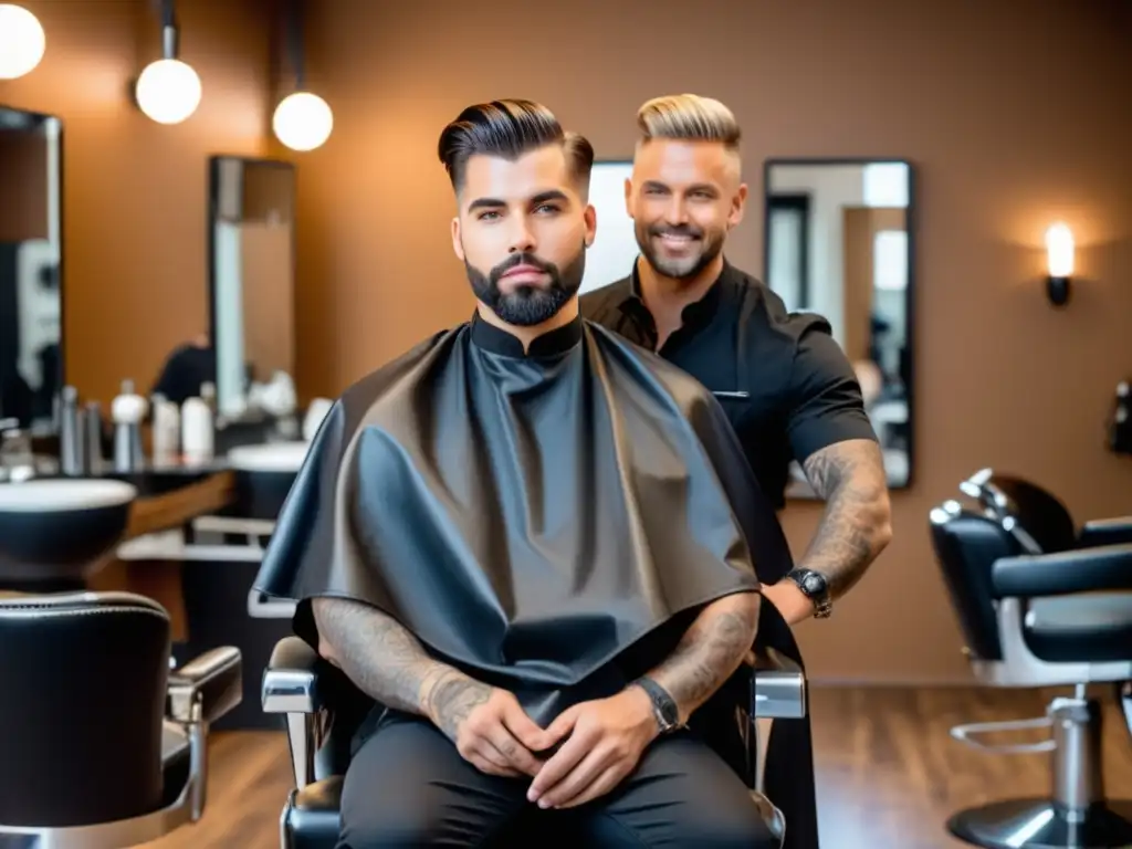 Hombre con rostro corazón en moderno salón de peluquería, listo para corte de pelo elegante