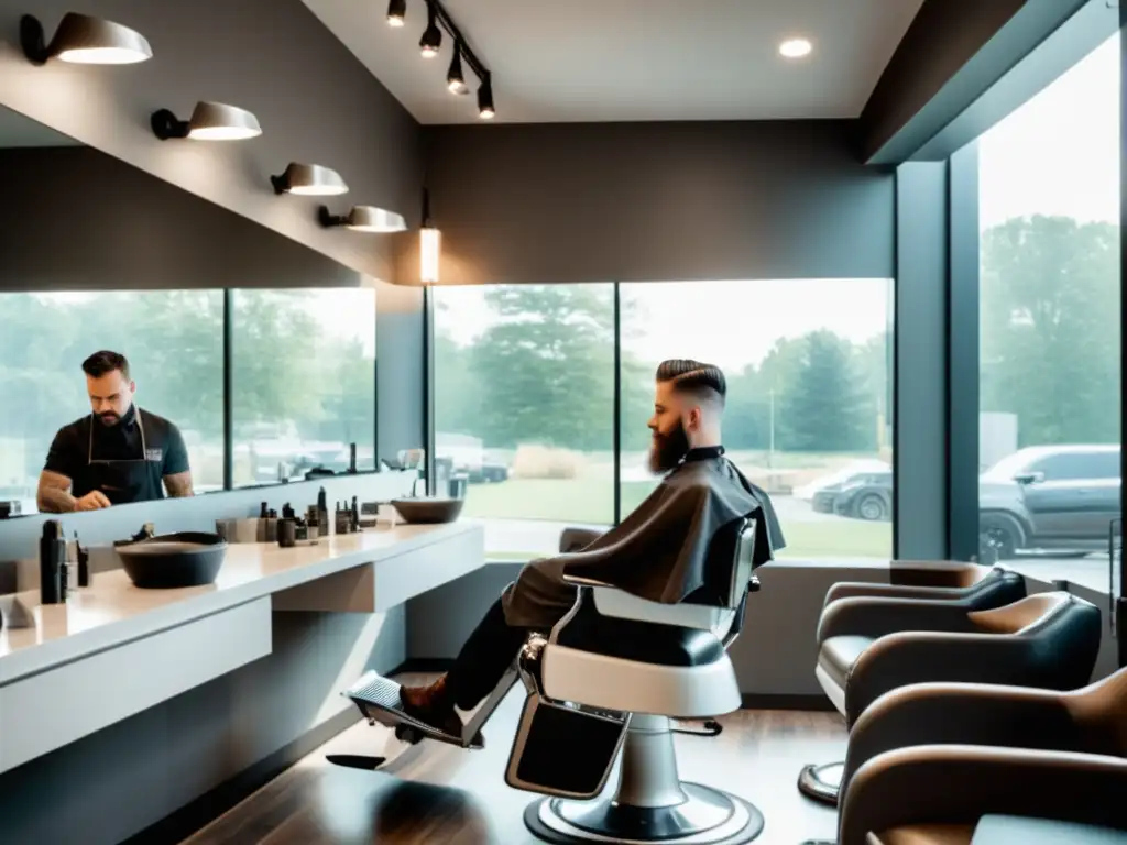 Avances en la barbería moderna: Barbero profesional en acción, decoración minimalista y equipamiento de última generación