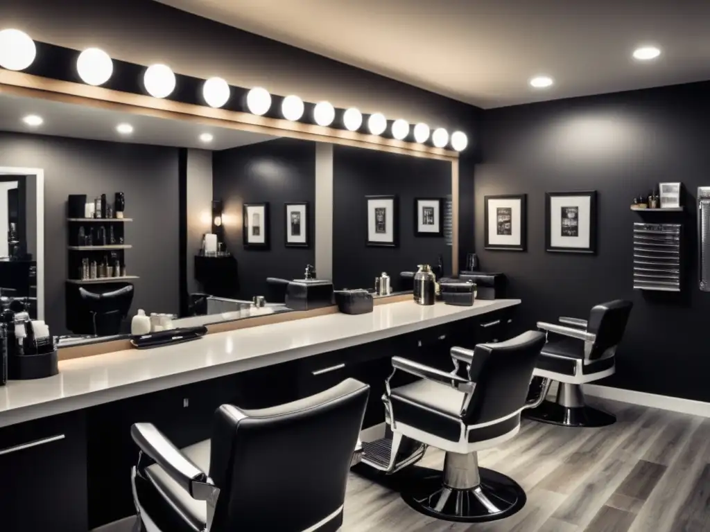 Interior moderno de una barbería con decoración en blanco y negro